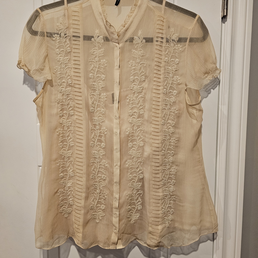 Tahari Cream Ruffled Blouse with Mandarin Collar